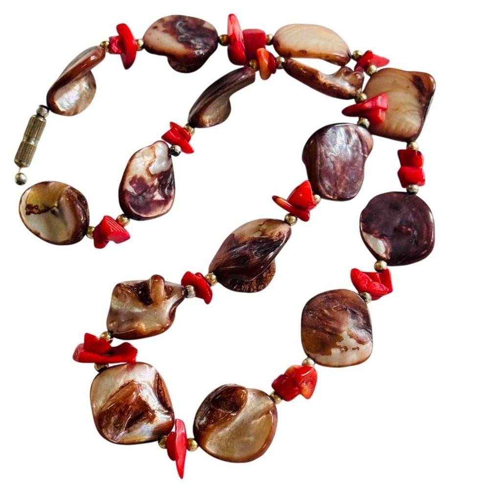 VTG‎ BOHO chunky Coral Abalone Shell Natural Necklace Collar Genuine Beads 17"L